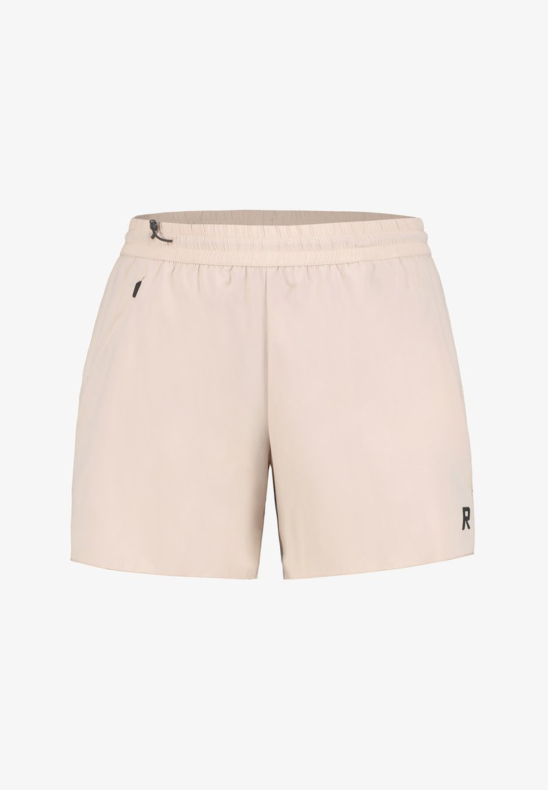 Pantalones cortos deportivos beige, hechos de una tela ligera, con una cintura elástica y un pequeño logotipo negro en la parte inferior derecha.