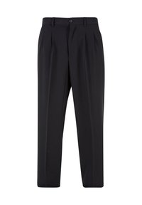Pantalon formel noir avec plis, passants de ceinture, fermeture par boutons et coupe droite sur fond blanc.