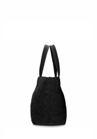 Schwarze gesteppte Tragetasche mit zwei flachen Griffen, geschwungenem Shape, strukturiertem Zickzackmuster und weichem Stofffinish.