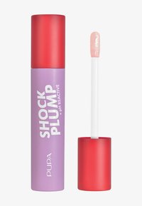 Brillo de labios con un envase cilíndrico morado y tapa roja. Presenta un aplicador blanco. El texto dice "SHOCK PLUMP + pH REACTIVO."