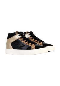Sneaker alte nere con dettagli dorati e design a stampa leopardata; materiali in pelle texturizzata, lacci a contrasto e suole in gomma bianca.