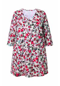 Bloemrijke tuniekjurk met een V-hals, voorzien van een mix van rode, groene, roze en witte patronen op een lichte achtergrond. Driekwart mouwen.