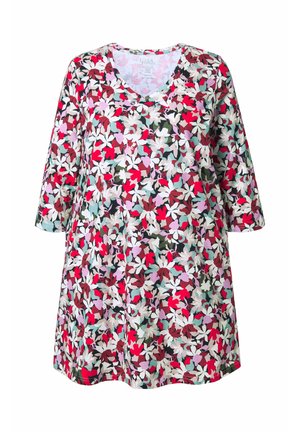 Květinové tunikové šaty s výstřihem do V, zdobené směsí červených, zelených, růžových a bílých vzorů na světlém pozadí. Tříčtvrteční rukávy.