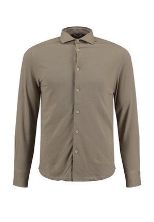Camicia da uomo a manica lunga con bottoni in taupe, con colletto classico e logo ricamato tono su tono sul lato sinistro del petto.