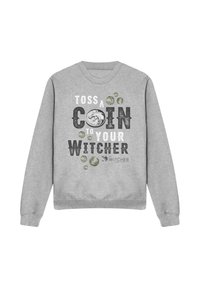 Grey sweatshirt featuring the phrase "Toss a Coin to Your Witcher" with graphic elements like coins and a wolf symbol, in various textures and colors.
