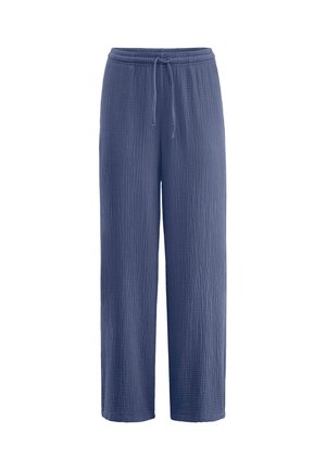 Blue, textured, wide-leg pants with a drawstring waist. Made from soft material, featuring a wrinkled finish and full-length design.