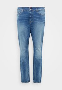 Jeans din denim de culoare albastru deschis, cu textură decolorată, design cu picioare drepte, cinci buzunare, închidere cu nasture metalic și cusături în contrast.