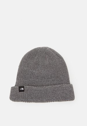 Knitted gray beanie with a foldable cuff. Features a small black logo tag on the front. Soft texture with a close-fitting, rounded shape.