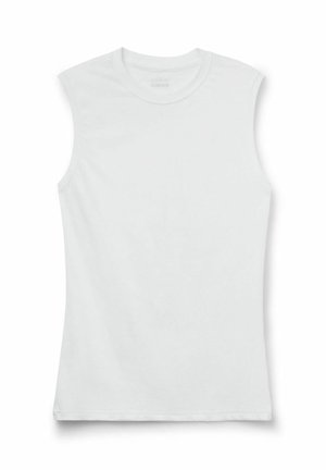 Mouwloze witte katoenen tanktop met een ronde halslijn, strakke pasvorm en een schone, gladde stof.