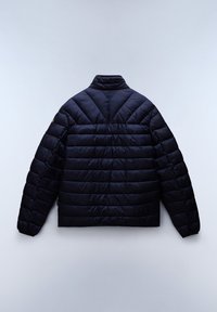 Puffer bunda, tmavě námořnická, prošívaný design s horizontálním a vertikálním švem, stojáček, elastické manžety, minimální kovové prvky, viditelná textura.