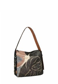 Torba na ramię z brązowym skórzanym paskiem, wielokolorowy nadruk z stylizowaną twarzą, gładki materiał syntetyczny, główna komora zapinana na zamek.