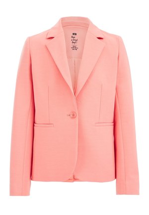 Eénknops licht koraalroze blazer met inkeping revers en twee voorste steekzakken, maat 134/140 zichtbaar binnenkraag.