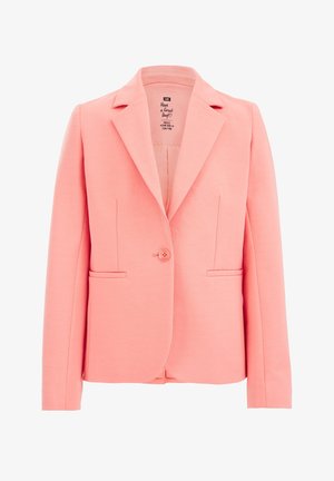 Blazer rosa coral claro de un solo botón con solapas de muesca y dos bolsillos delanteros tipo ojal, talla 134/140 visible en el interior del cuello.