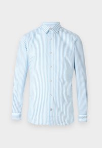 Camicia a maniche lunghe a righe blu chiaro e bianche con colletto classico, chiusura a bottoni e maniche con polsini, realizzata in un tessuto liscio.