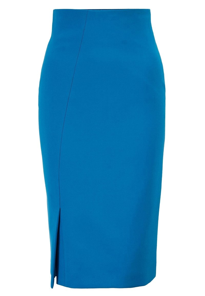 Blå blyertskjol med en figursydd design, knälång, tillverkad av ett slätt tyg, med en slits bak för rörelsefrihet. Söms detaljer är synliga.