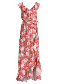 Maxi šaty z červené látky s bílou a modrou květinovou potiskem, krátkými volánovými rukávy, zavazováním na korzetu a volným asymetrickým lemem.