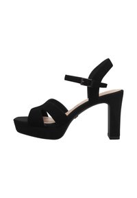 Sandalias de plataforma negras con puntera cerrada, tiras entrelazadas, correa de tobillo ajustable y un alto tacón cuadrado. Fabricadas en suave material de ante.