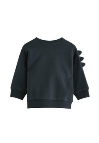 Sort sweatshirt til børn med korte ærmer og tre stofdinosaurvægge på den øverste højre ærme.