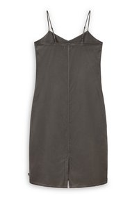 Vestido gris de tirantes ajustables finos, de longitud media, con textura suave y una costura central en la parte posterior con una pequeña hendidura en el dobladillo.