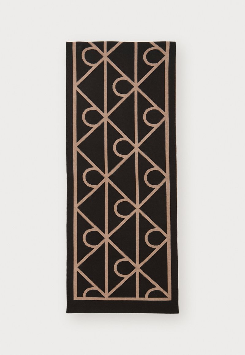 Serviette de bain noire avec un motif géométrique beige, comportant des semicircles et des triangles entrelacés. Texture lisse et forme rectangulaire.