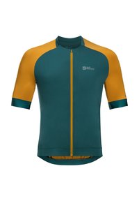 Korte mouwen fietsjersey in donkerblauwgroen met mosterdgele raglanmouwen. Bevat een rits aan de voorkant, een logo op de borst en een gestructureerde stof.