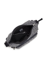 Small gray bag with a geometric pattern, zip closure, and black interior. Features a clip inside for securing contents. Compartments are visible.