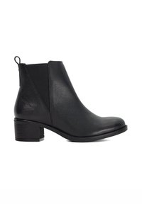 Black leather ankle boots with a textured finish, elastic side panels, a pull tab, and a stacked heel. Rounded toe design.