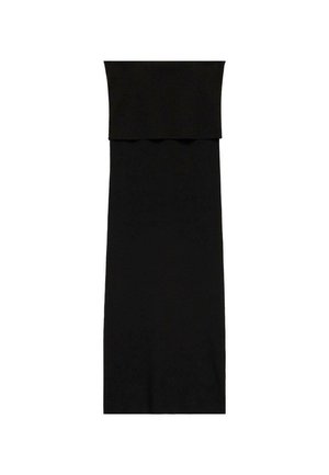 Abito nero lungo fino al pavimento con un top aderente e un design minimale e elegante. Realizzato in tessuto morbido, presenta un colore uniforme senza motivi.