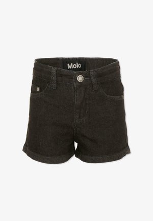 Shorts in denim nero con bottoni frontali, passanti per cintura e tasche frontali, con etichetta "Molo" all'interno della fascia in vita.