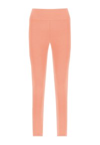 Perzikkleurige leggings met een zachte textuur, hoge tailleband en aansluitend ontwerp, geschikt voor sportkleding of casual kleding.