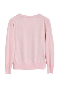Light pink knit sweater with long sleeves, ribbed cuffs, and hem. Round neck and knit texture with subtle sheen. Back view only.