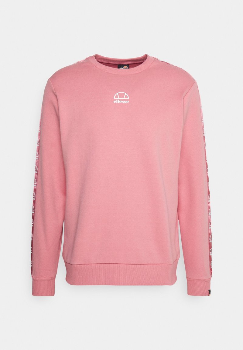 Sweat-shirt rose à manches longues avec col rond, logo ellesse blanc sur la poitrine et motif de logo répété le long des deux manches.