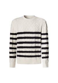 Pull à col rond en tricot texturé blanc cassé avec des rayures horizontales noires et des motifs en losange, avec des poignets et un ourlet côtelés.