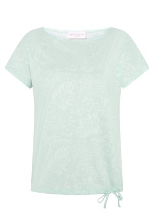 Hellgrünes kurzärmeliges Oberteil mit dezentem Blumenmuster und einer kleinen Schleifendetail am unteren rechten Saum.