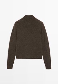 Brown, long-sleeve sweater with a ribbed high neckline, featuring a soft texture and a straight cut. Back view shows no patterns or accents.