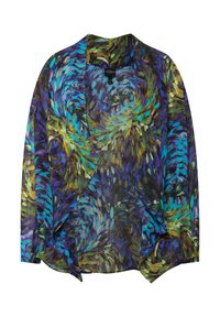 Průhledné kimono-typové cardigan s vibracím vzorem swirl v modrých, zelených a fialových odstínech, s otevřeným předním dílem a tříčtvrtečními rukávy.