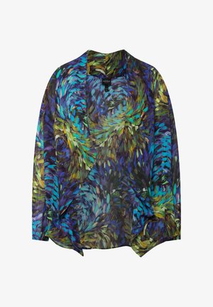 Transparante kimono-stijl cardigan met een levendig spiraalpatroon in blauwtinten, groen en paars, met een open voorkant en driekwartmouwen.