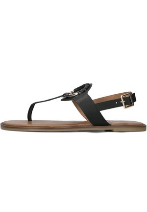 Black flat sandals with a t-bar design, a braided strap detail, and a gold buckle. The sole is brown with a smooth texture.