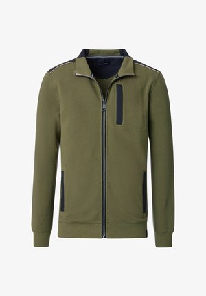 Olive green zip-up jacket made of textured fabric, featuring a high collar, black accents, and a chest pocket.