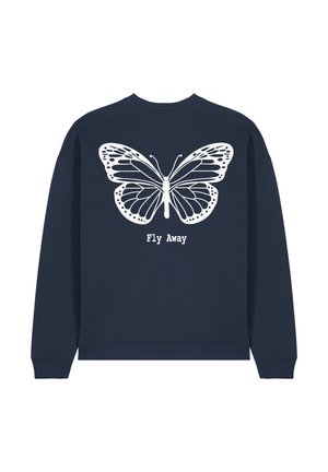 Marineblauwe sweatshirt met een groot wit vlinderontwerp op de achterkant en de tekst "Fly Away" eronder. Zachte stof, geribde manchetten.