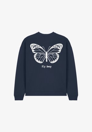 Felpa blu navy con un grande design di una farfalla bianca sul retro, accompagnato dal testo "Fly Away" sotto di essa. Tessuto morbido, polsini a costine.