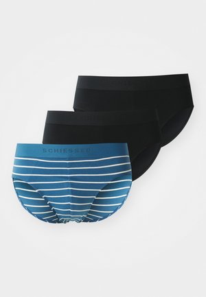 Three pairs of men's briefs, two solid black and one blue with white horizontal stripes. Material appears cotton with an elastic waistband.