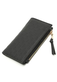 Black wallet made of textured leather, featuring a woven pattern, a gold zipper, and a black tassel accent on the zipper pull.
