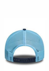 Blue mesh cap with a rounded shape, featuring a solid navy adjustable strap at the back and a top button. Textured fabric design.