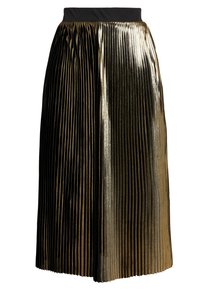 Gonna plissettata nera e oro con riflesso metallico, dotata di una larga cintura nera in vita. Il tessuto presenta pieghe verticali e un design fluente.