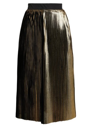 Zwart-gouden geplooide rok met een metallic glans, voorzien van een brede zwarte tailleband. De stof heeft verticale plooien en een vloeiend ontwerp.