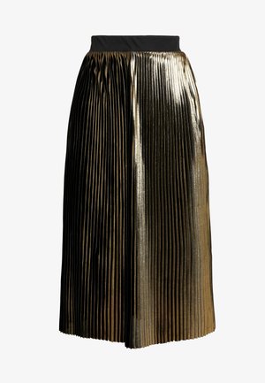 Schwarzer und goldener plissierter Rock mit metallischem Glanz, ausgestattet mit einem breiten schwarzen Taillenbund. Der Stoff hat vertikale Falten und ein fließendes Design.