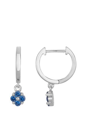 Orecchini a cerchio in argento con piccoli ciondoli a forma di fiore, ciascuno composto da cinque pietre preziose blu rotonde, mostrati da vista frontale e laterale.