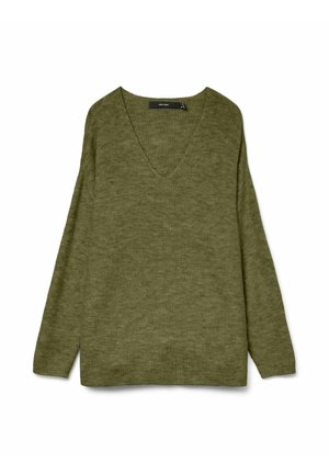 Pull en tricot côtelé vert olive doux avec des manches longues et un col en V profond, posé à plat sur un fond blanc.