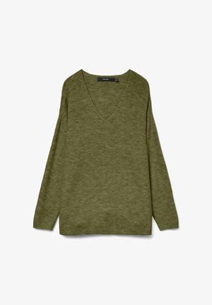 Pull en tricot côtelé vert olive doux avec des manches longues et un col en V profond, posé à plat sur un fond blanc.